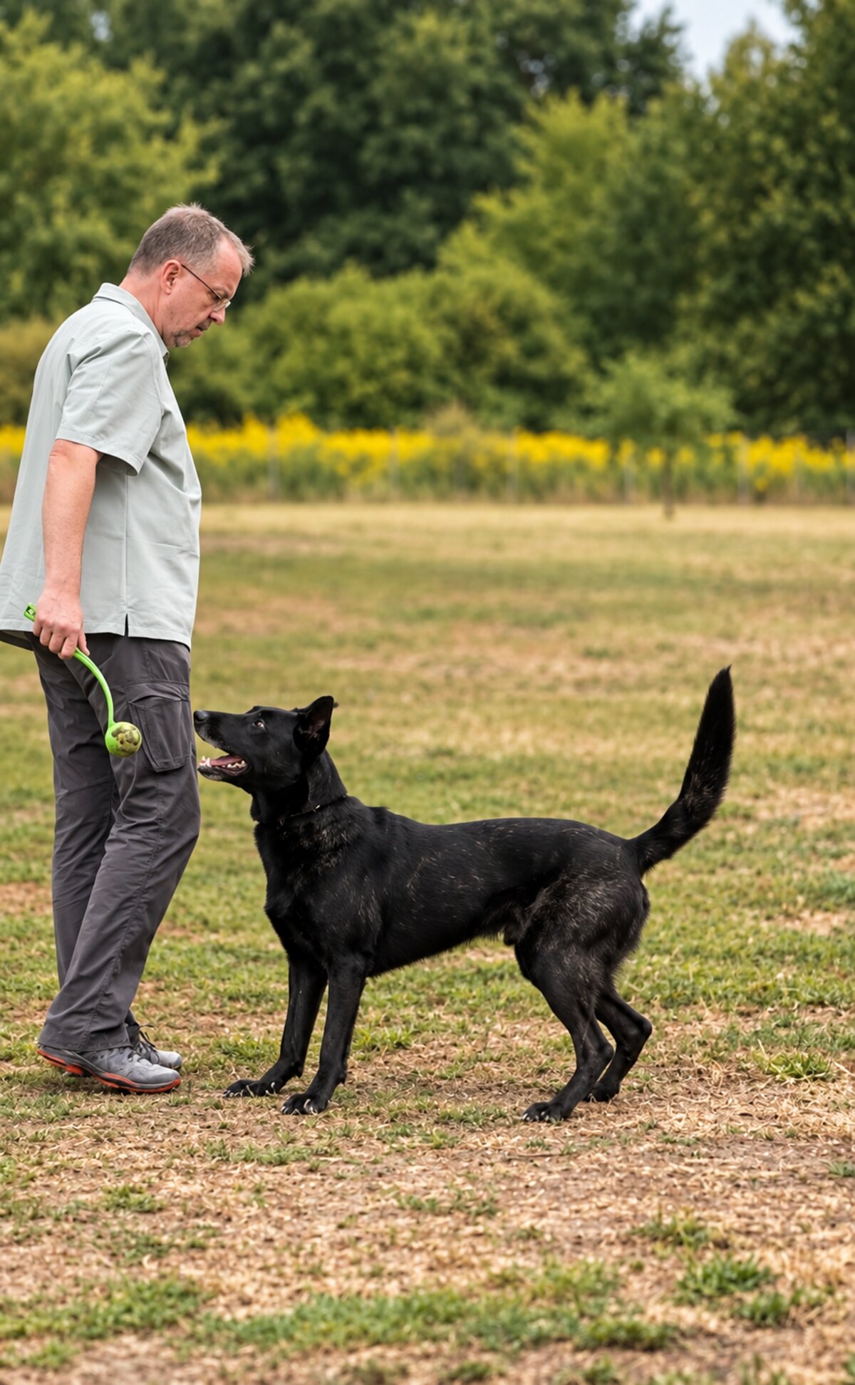 K9 handler in field training with service dog, obedience and impulse control