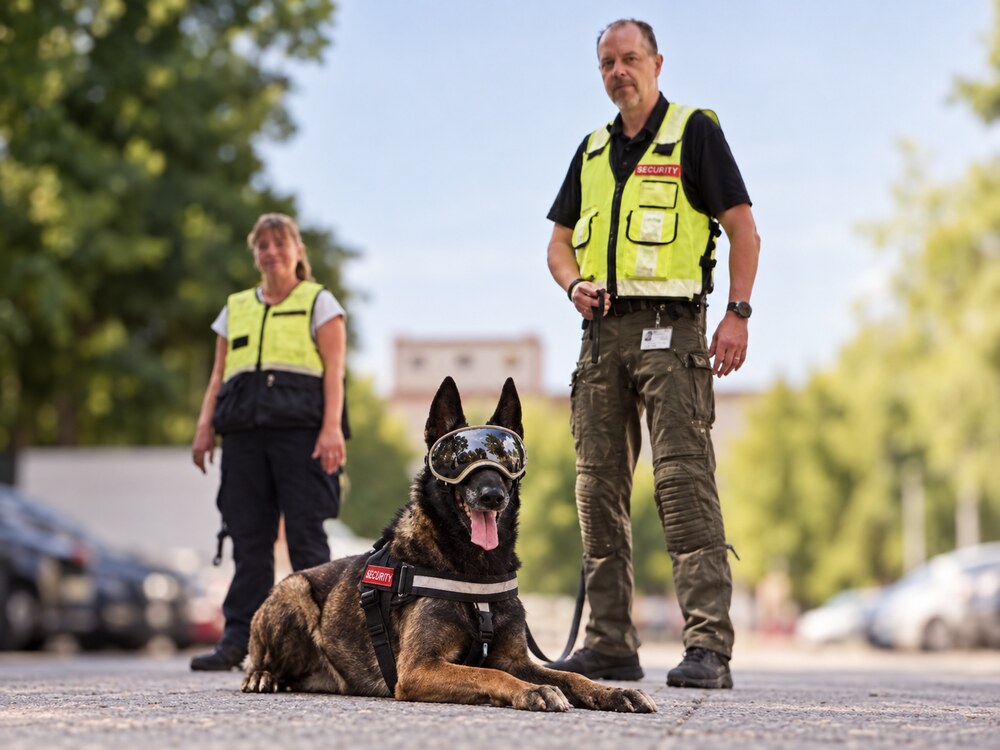 Service dog with protective equipment on an operational security deployment, handler in security attire